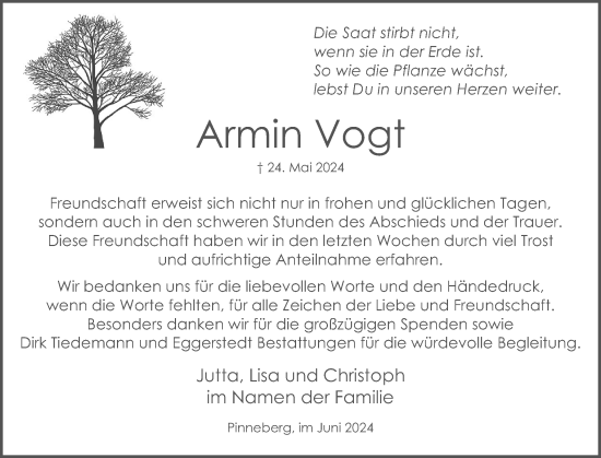 Traueranzeige von Armin Vogt von Elmshorner Nachrichten, Barmstedter Zeitung