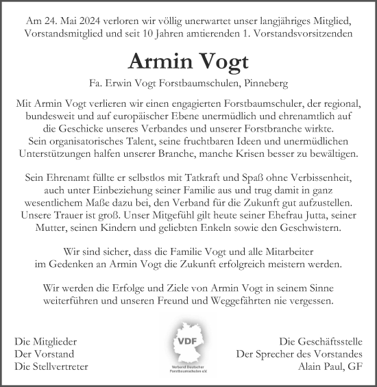 Traueranzeige von Armin Vogt von Elmshorner Nachrichten, Barmstedter Zeitung
