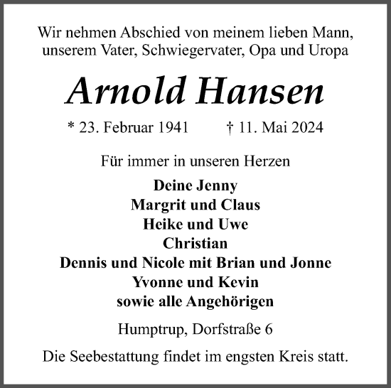 Traueranzeige von Arnold Hansen von Region Westküste