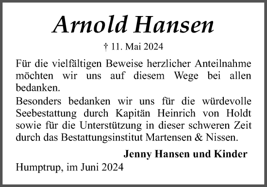 Traueranzeige von Arnold Hansen von Region Westküste