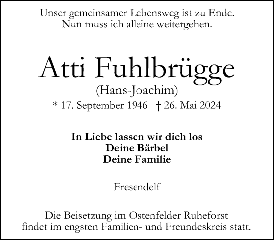 Traueranzeige von Atti Fuhlbrügge von Husumer Nachrichten, Nordfriesland Tageblatt