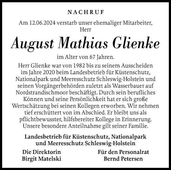 Traueranzeige von August Mathias Glienke von Region Westküste