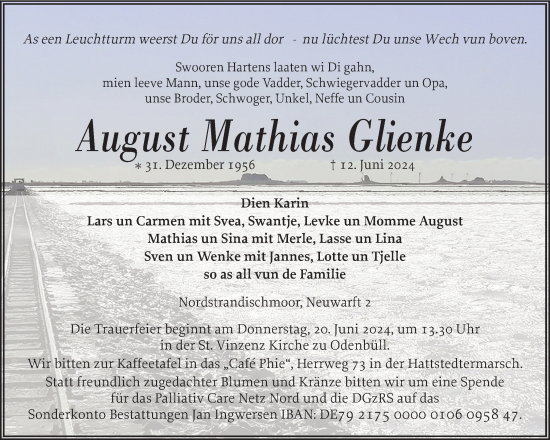 Traueranzeige von August Mathias Glienke von Husumer Nachrichten, Nordfriesland Tageblatt