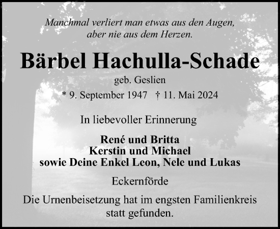 Traueranzeige von Bärbel Hachulla-Schade von Eckernförder Zeitung, Hallo Eckernförde
