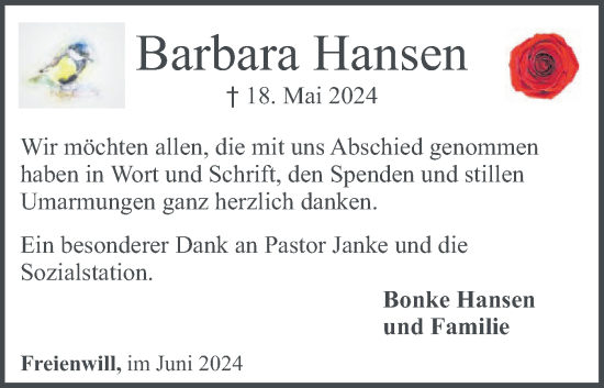 Traueranzeige von Barbara Hansen von Husumer Nachrichten, Nordfriesland Tageblatt