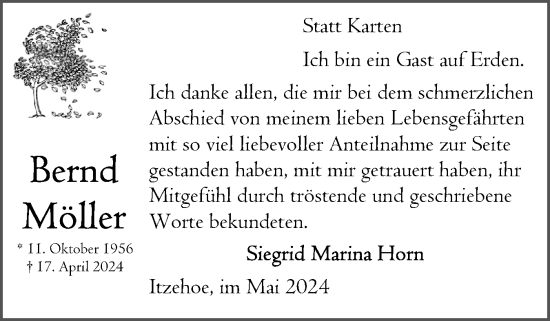 Traueranzeige von Bernd Möller von Norddeutsche Rundschau, Wilstersche Zeitung, Glückstädter Fortuna