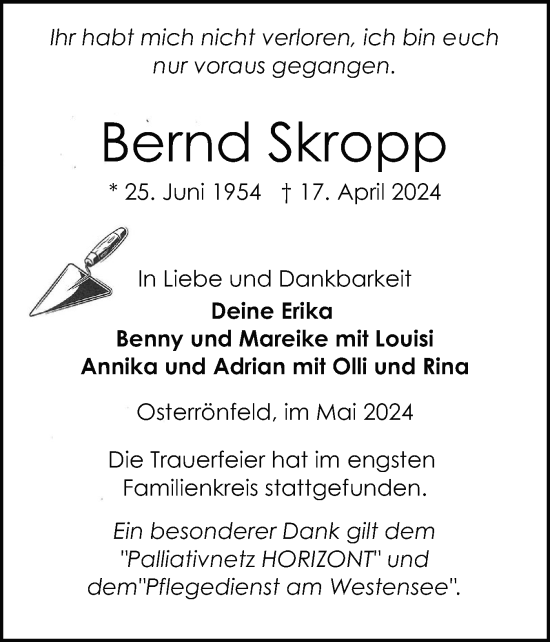 Traueranzeige von Bernd Skropp von Schleswig-Holsteinische Landeszeitung