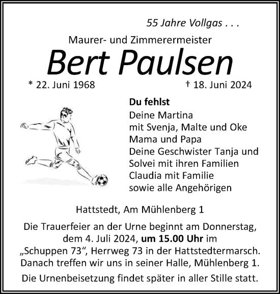 Traueranzeige von Bert Paulsen von Husumer Nachrichten, Nordfriesland Tageblatt