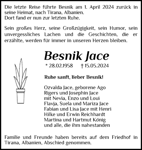 Traueranzeige von Besnik Jace von Holsteinischer Courier
