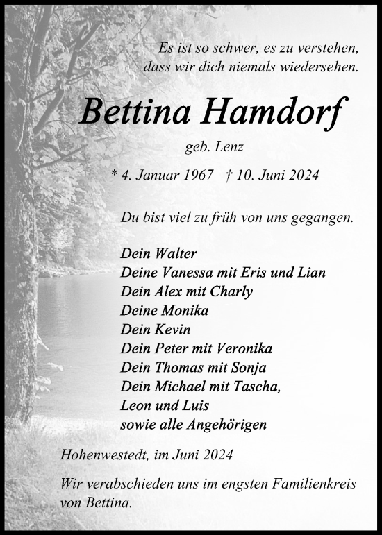 Traueranzeige von Bettina Hamdorf von Schleswig-Holsteinische Landeszeitung