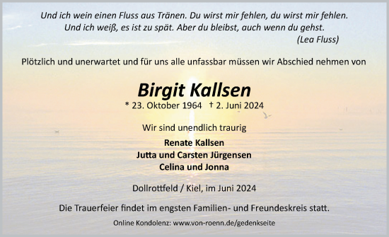 Traueranzeige von Birgit Kallsen von Schleswiger Nachrichten, Schlei-Bote