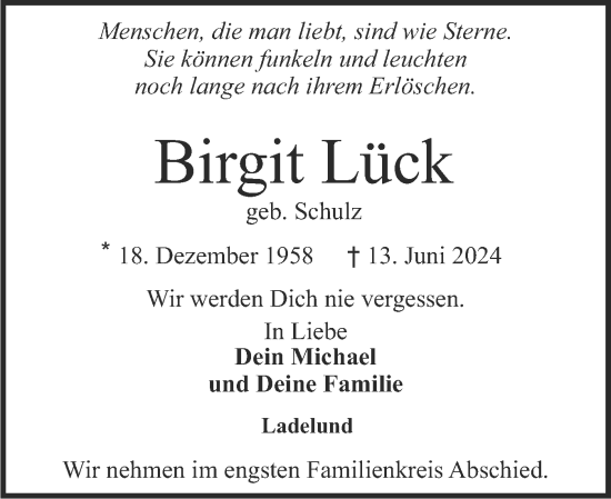 Traueranzeige von Birgit Lück von Husumer Nachrichten, Nordfriesland Tageblatt