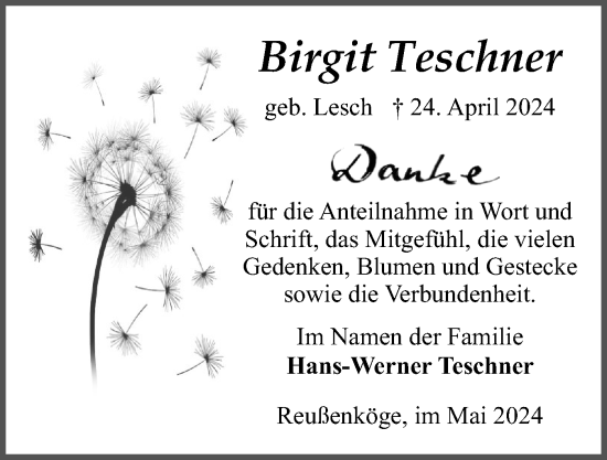 Traueranzeige von Birgit Teschner von Husumer Nachrichten, Nordfriesland Tageblatt