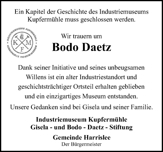 Traueranzeige von Bodo Daetz von Flensburger Tageblatt