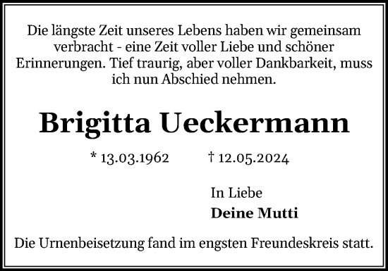 Traueranzeige von Brigitta Ueckermann von Holsteinischer Courier