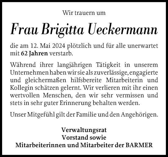 Traueranzeige von Brigitta Ueckermann von Holsteinischer Courier