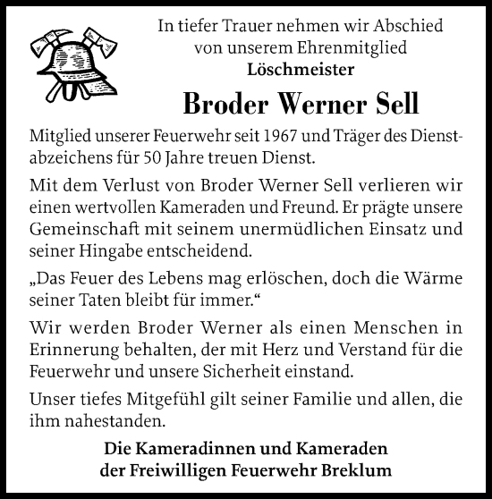 Traueranzeige von Broder Werner Sell von Husumer Nachrichten, Nordfriesland Tageblatt