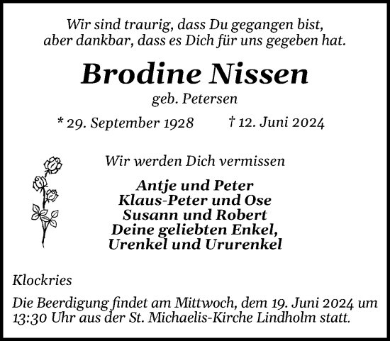 Traueranzeige von Brodine Nissen von Husumer Nachrichten, Nordfriesland Tageblatt