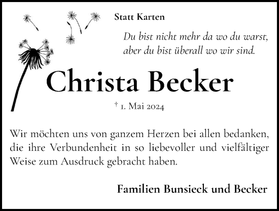 Traueranzeige von Christa Becker von Eckernförder Zeitung, Hallo Eckernförde