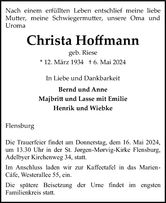 Traueranzeige von Christa Hoffmann von Flensburger Tageblatt