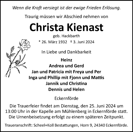 Traueranzeige von Christa Kienast von Eckernförder Zeitung, Hallo Eckernförde