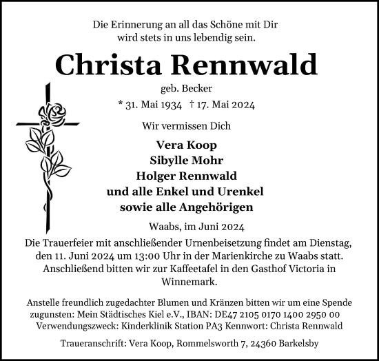 Traueranzeige von Christa Rennwald von Eckernförder Zeitung, Hallo Eckernförde