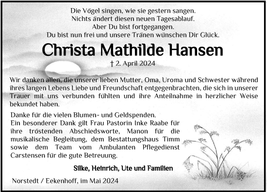 Traueranzeige von Christa Mathilde Hansen von Husumer Nachrichten, Nordfriesland Tageblatt