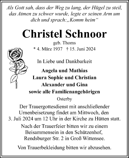 Traueranzeige von Christel Schnoor von Eckernförder Zeitung, Hallo Eckernförde