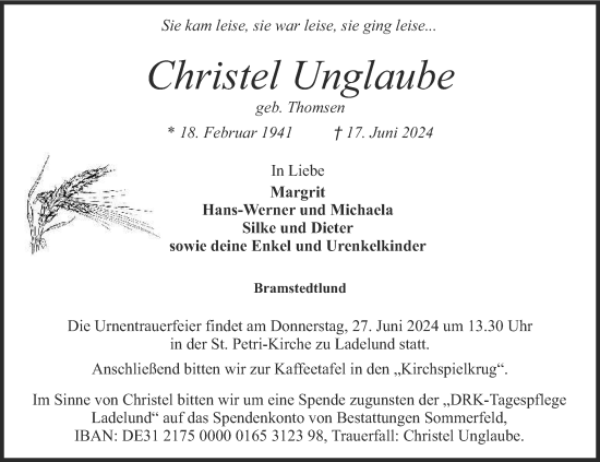 Traueranzeige von Christel Unglaube von Region Flensburg