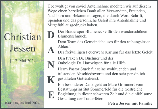 Traueranzeige von Christian Jessen von Husumer Nachrichten, Nordfriesland Tageblatt