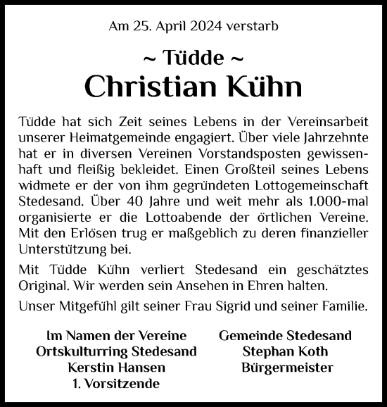 Traueranzeige von Christian Kühn von Husumer Nachrichten, Nordfriesland Tageblatt