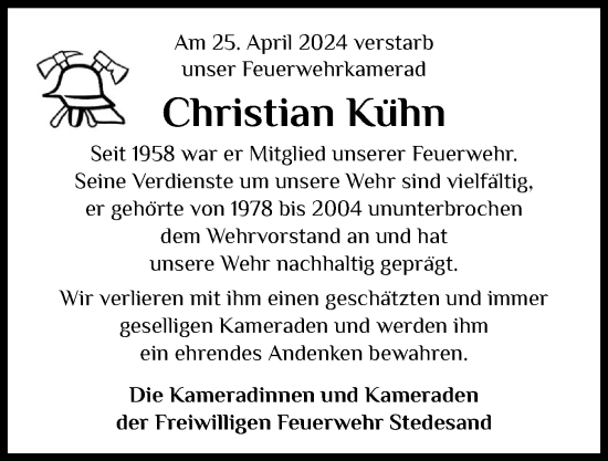 Traueranzeige von Christian Kühn von Husumer Nachrichten, Nordfriesland Tageblatt