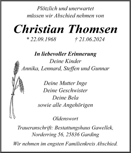 Traueranzeige von Christian Thomsen von Husumer Nachrichten, Nordfriesland Tageblatt