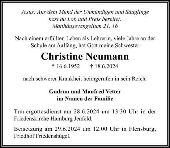 Traueranzeige von Christine Neumann von Stormaner Tageblatt
