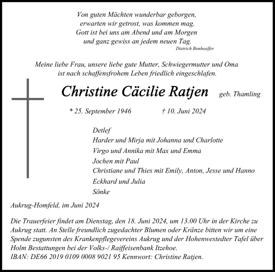 Traueranzeige von Christine Cäcilie Ratjen von Schleswig-Holsteinische Landeszeitung