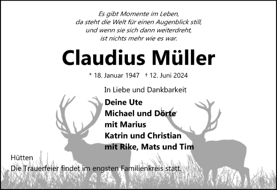 Traueranzeige von Claudius Müller von Eckernförder Zeitung