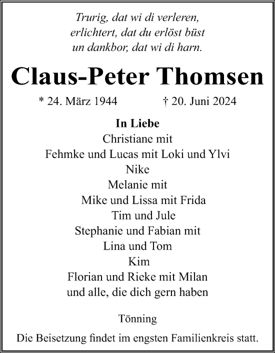 Traueranzeige von Claus-Peter Thomsen von Husumer Nachrichten, Nordfriesland Tageblatt