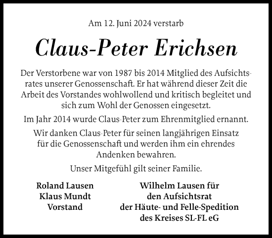 Traueranzeige von Claus-PeterErichsen  von Schleswiger Nachrichten, Schlei-Bote