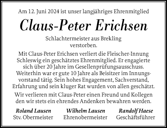 Traueranzeige von Claus-PeterErichsen Erichsen von Schleswiger Nachrichten, Schlei-Bote