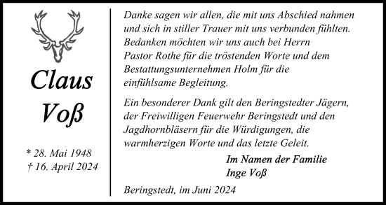 Traueranzeige von Claus Voß von Schleswig-Holsteinische Landeszeitung