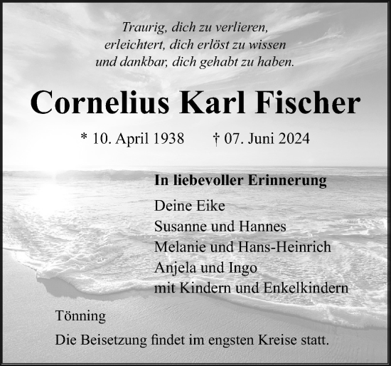 Traueranzeige von Cornelius Karl Fischer von Husumer Nachrichten, Nordfriesland Tageblatt