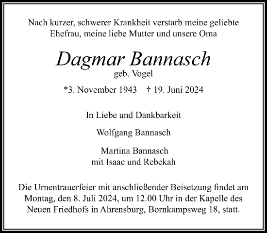 Traueranzeige von Dagmar Bannasch von Stormaner Tageblatt