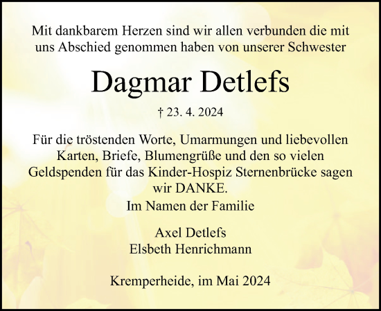 Traueranzeige von Dagmar Detlefs von Norddeutsche Rundschau, Wilstersche Zeitung, Glückstädter Fortuna