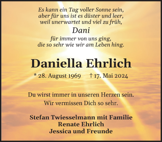 Traueranzeige von Daniella Ehrlich von Region Pinneberg und tip Pinneberg