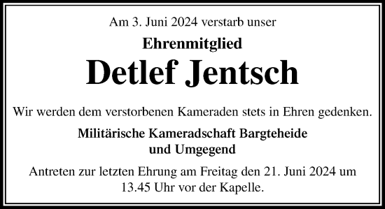 Traueranzeige von Detlef Jentsch von Stormaner Tageblatt