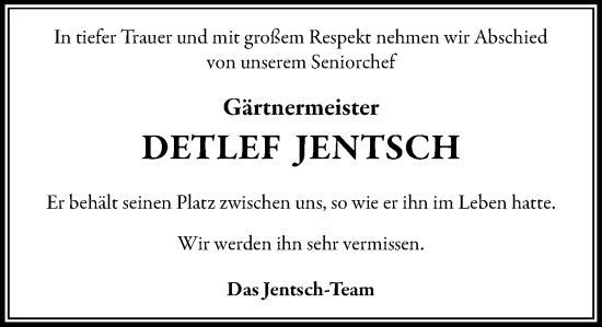 Traueranzeige von Detlef Jentsch von Stormaner Tageblatt