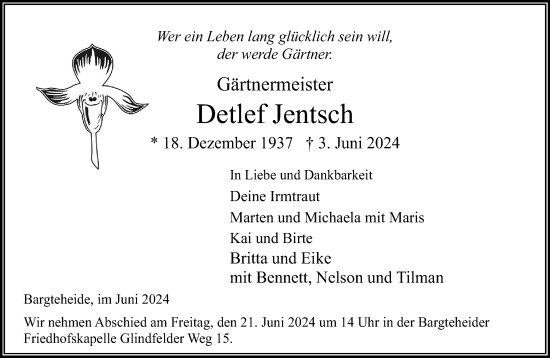Traueranzeige von Detlef Jentsch von Stormaner Tageblatt