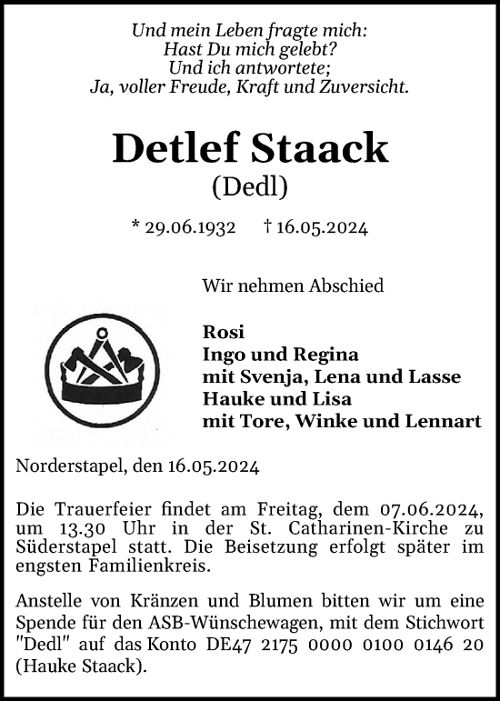 Traueranzeige von Detlef Staack von Husumer Nachrichten, Nordfriesland Tageblatt