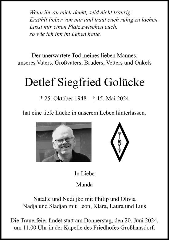 Traueranzeige von Detlef Siegfried Golücke von Stormaner Tageblatt