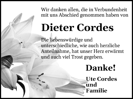 Traueranzeige von Dieter Cordes von Eckernförder Zeitung, Hallo Eckernförde